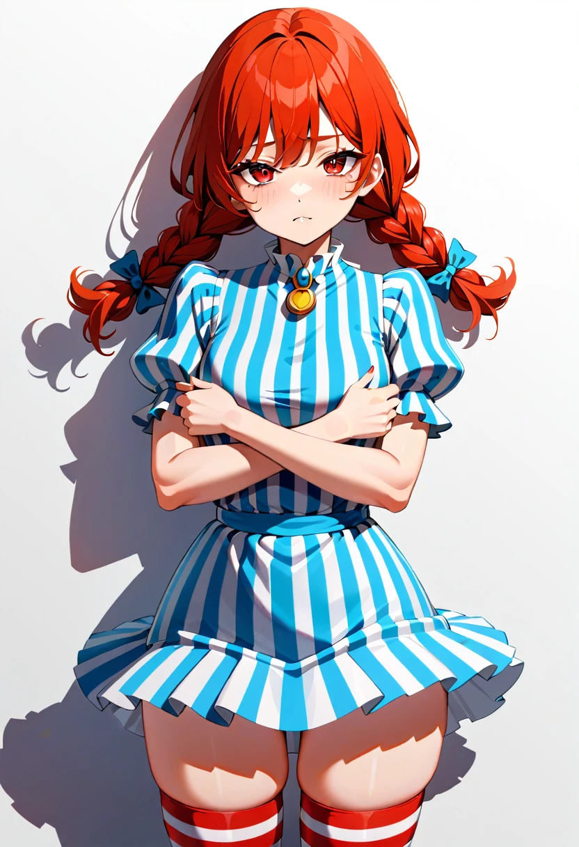 solo, 1girl, ffwendys, shaded face, disgusted, looking at viewer, crossed arms, twin braids, striped dress, striped sleeves, puffy sleeves, striped thighhighs, masterpiece, best quality, rating: general, newest 