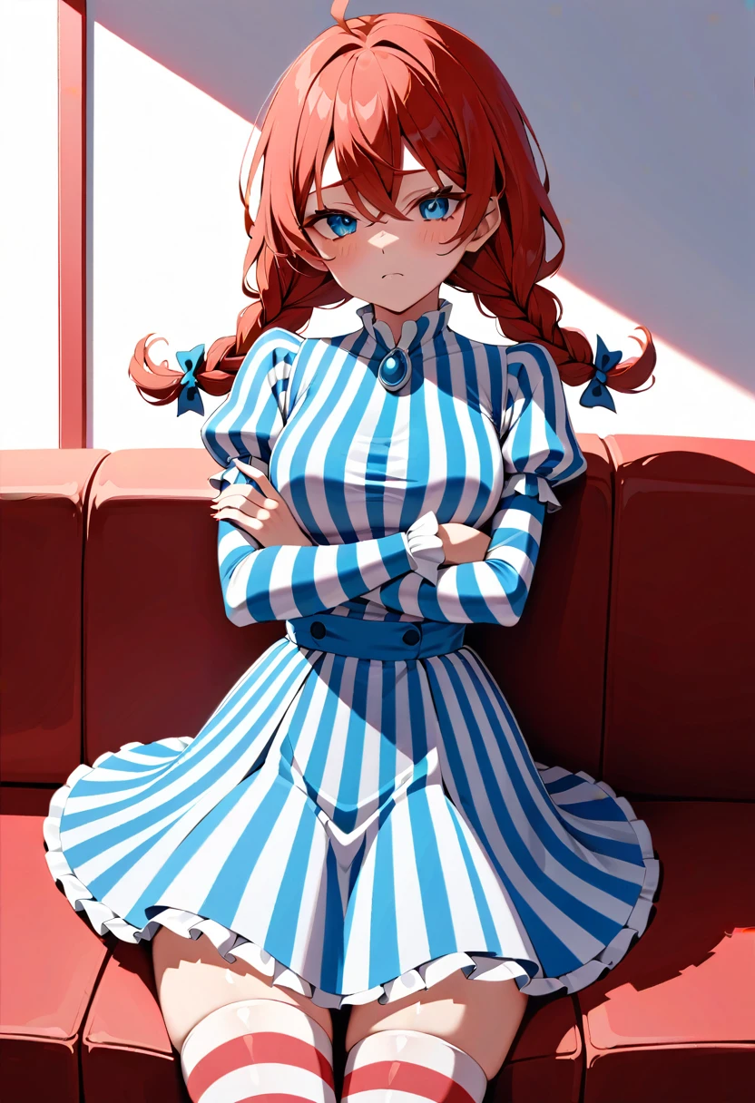 solo, 1girl, ffwendys, shaded face, disgusted, looking at viewer, crossed arms, twin braids, striped dress, striped sleeves, puffy sleeves, striped thighhighs, masterpiece, best quality, rating: general, newest 