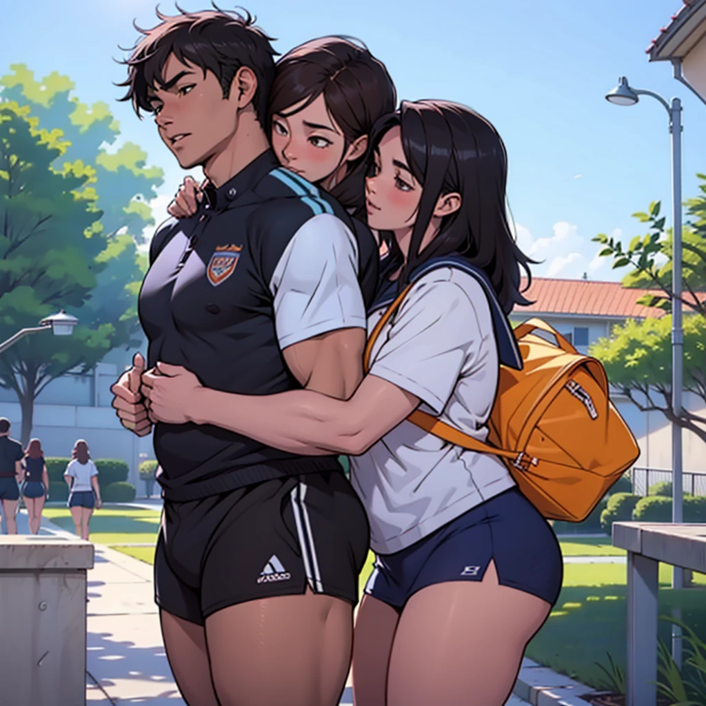 2 women hugging in a college, wearing sensual high school clothes, on a hot summer day, sensual:1,5, Iuri, lesbian,  lascivo:1,5