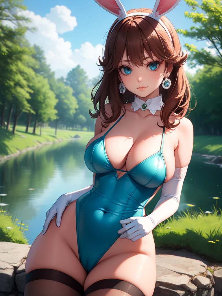 princess_daisy, brown hair ,red lipstick, blue eye shadow, 1girl, solo, perfect breasts, ,earrings glossy lips ,looking at viewer, blush, large breasts, nature, pond, trees, park, long white elbow satin gloves, holding, animal ears, cleavage, bare shoulders, jewelry, very l, gentle smile, pantyhose, earrings, fake rabbit ears, blue leotard, fake animal ears bunny, long white elbow gloves, white gloves