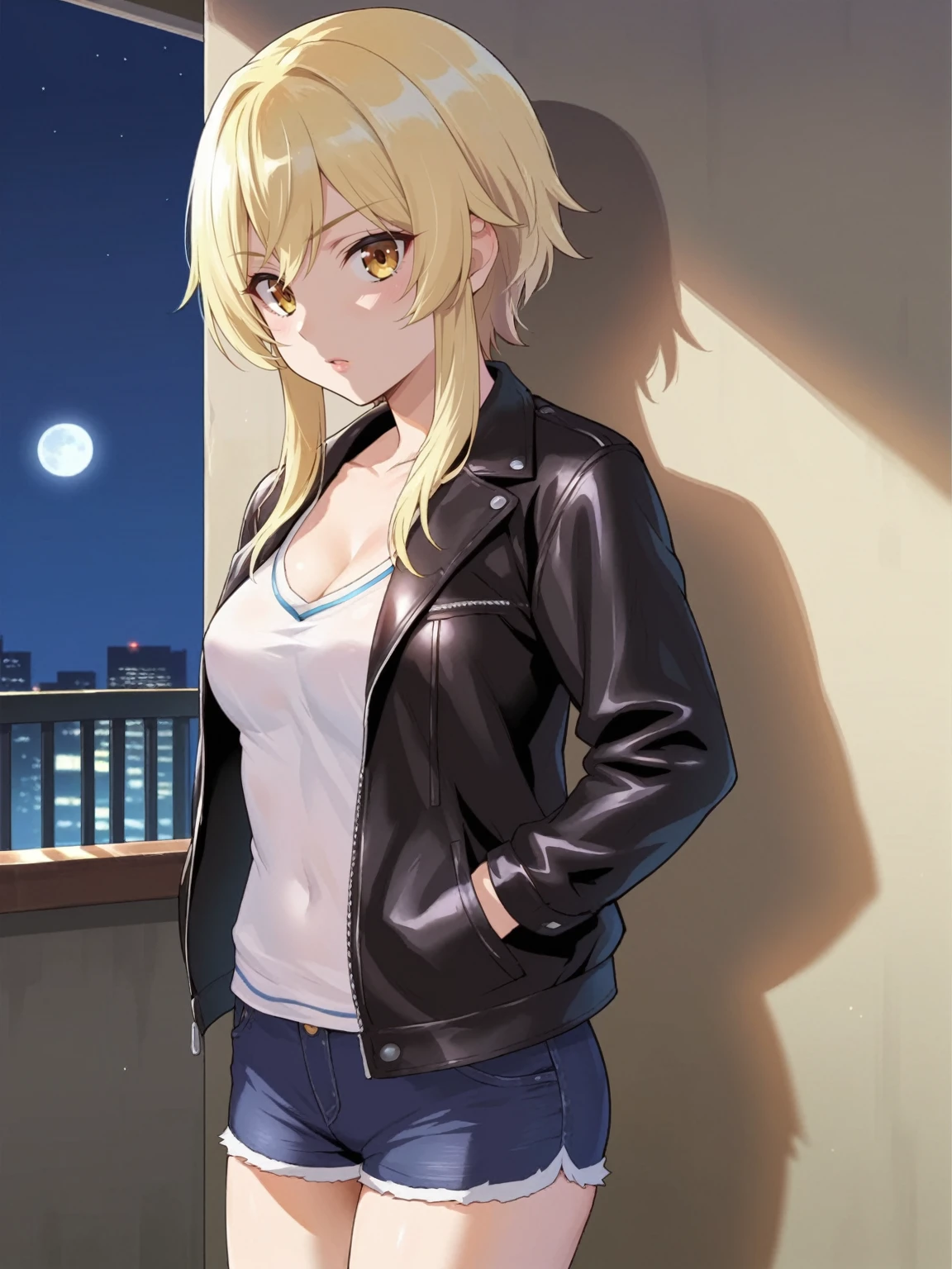 score_9, score_8_up, score_7_up, source_anime, flat color, anime screencap, ikuchan, BREAK, solo, lumine, closeup, leather jacket, indoors, edgy, shorts, open jacket, no bra, no shirt, hands in pocket, nigjt time, night, moon light, balcony, leaning, leaning against wall
