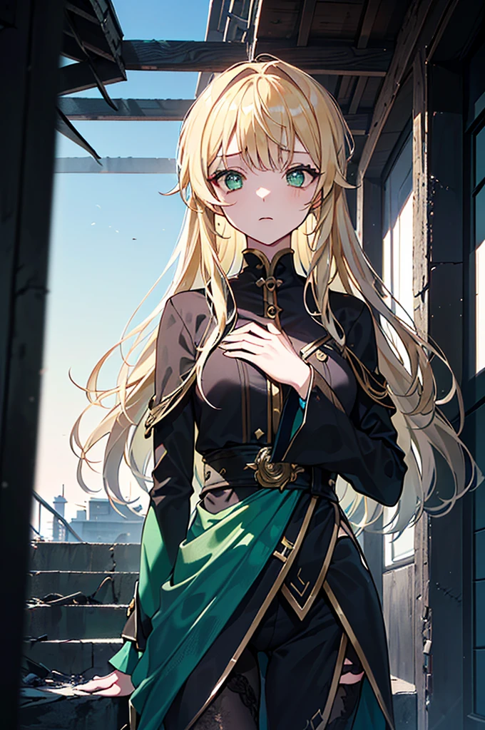 ((((Dramatic)))、(((grittiness)))、(((vehement))),Dressed in costume、He had a determined expression on his face.。Bright green eyes,Blonde hair,holy costume,((1 girl)),holy,