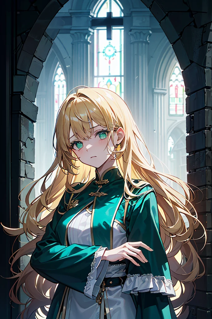 ((((Dramatic)))、(((grittiness)))、(((vehement))),Dressed in costume、He had a determined expression on his face.。Bright green eyes，Blonde hair,holy costume,((1 girl)),holy,