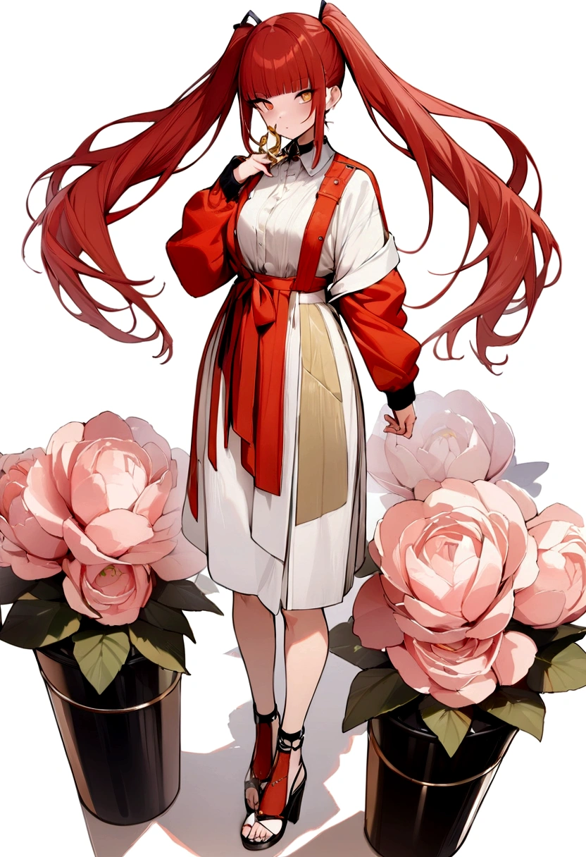 girl,full body,(detailed face:1.2), pure background,masterpiece, fashion,tokyo,kyoto, long hair, red hair, twintails, blunt bangs, red and gold eyes, ((high quality)), (masterpiece), grandes peitos
