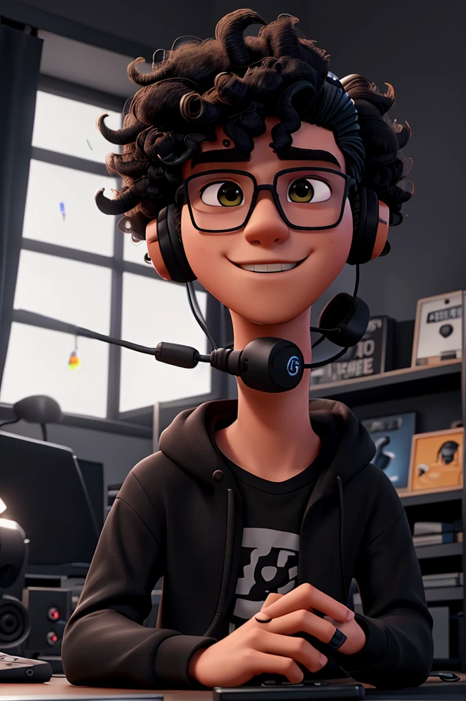 Creates an 18-year-old young man with gaming headphones in an all-black room with gaming LEDs and him playing on the PC recording a video on YouTube with a mask on his mouth and sunglasses with curly hair