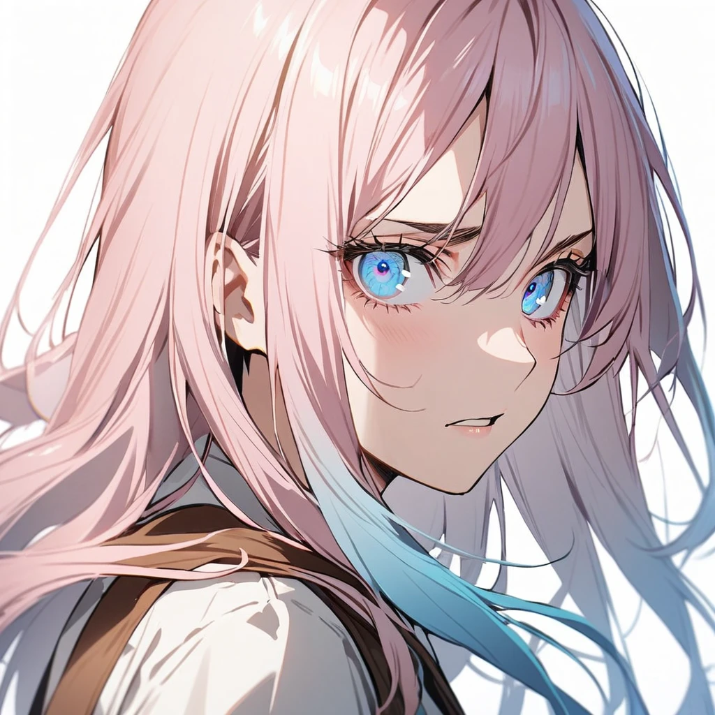 1 girl in attack on titan style, long hair, light pink hair, hair with blue tips, light blue eyes,White background, tilted face, gazing at viewer