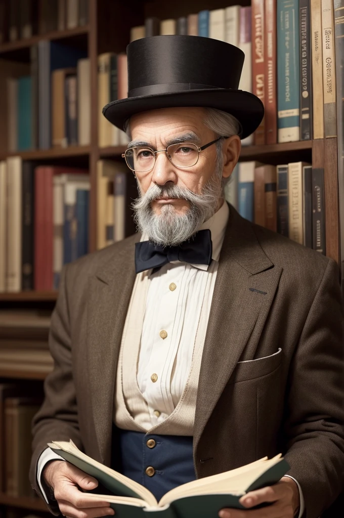 A librarian, around 70 years old, who has criss-cross hair and a beard, really likes to read, his clothes I thought of something that reminds me of the library, I also thought of, for example, an outfit that has a lot of letters printed on it or books and on his head a beret, a top hat something like that was also made of books or paper