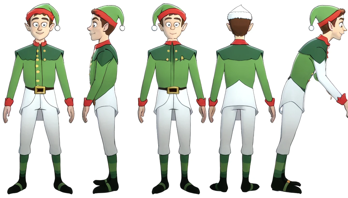 1 male Christmas elf, multiple views,reference sheet,A pose, Full body, model sheet,{Front facing view,Back view,Side view,Top view},beautiful, masterpiece, best quality, perfect lighting,8k,simple white background ,SFW.