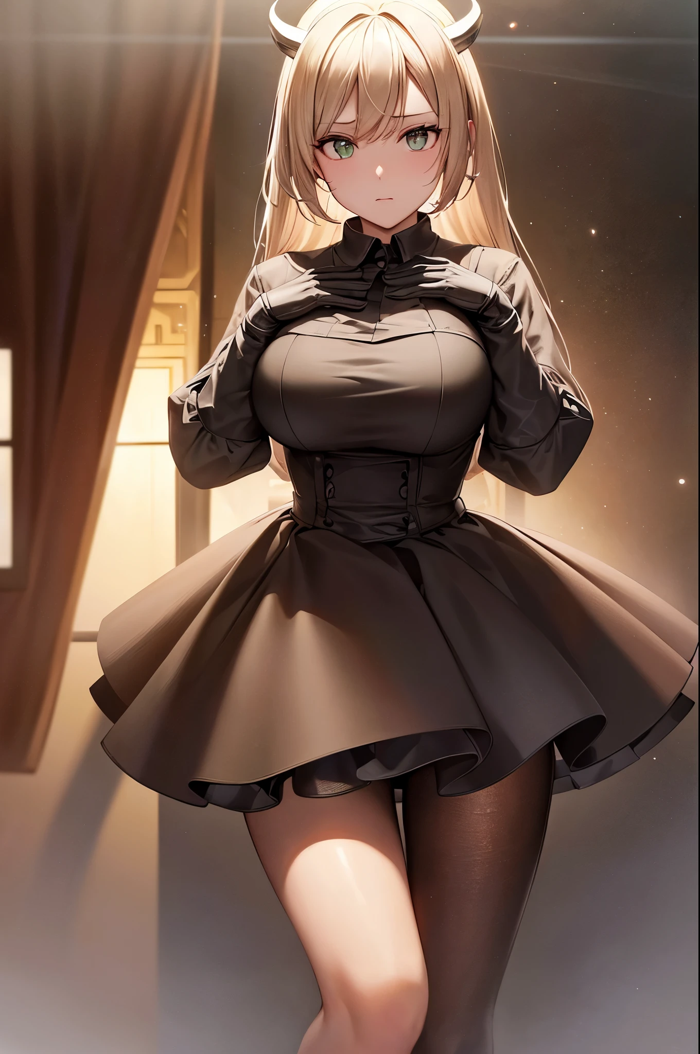 Best quality, masterpiece, A high resolution, Tyndall effect, Photorealistic, Dark Studio, rim lighting, Two-tone lighting,(high skin detail:1.2), 8 k UHD, SLR camera, soft lighting, high quality, volumetric lighting, frank, photo, A high resolution, 4K, 8 k, Best quality, (Widescreen), CGS Society, 8 k, Ultra-realistic, masterpiece, (In the late afternoon):0.9, (8 k детализация):1.5, albedo, amber eyes, black hair, white horns, black wings, Sad look, looks at the viewer, (8 k, Best quality, masterpiece:1.2),(Best quality:1.0), (сверхA high resolution:1.0), masterpiece, studio quality, ray tracing, Exposure to glowing particles, big breasts, masterpiece, Best quality, (Очень подробные обои CG Unity 8K), (Best quality), (best illustrations), (The best shadows), (Shine), (particle effects). , isometric 3D, Octane number, ray tracing, Business suit, The face of Germany in the 1930s, Form SS, Pay attention to the fingers, leather gloves on hands