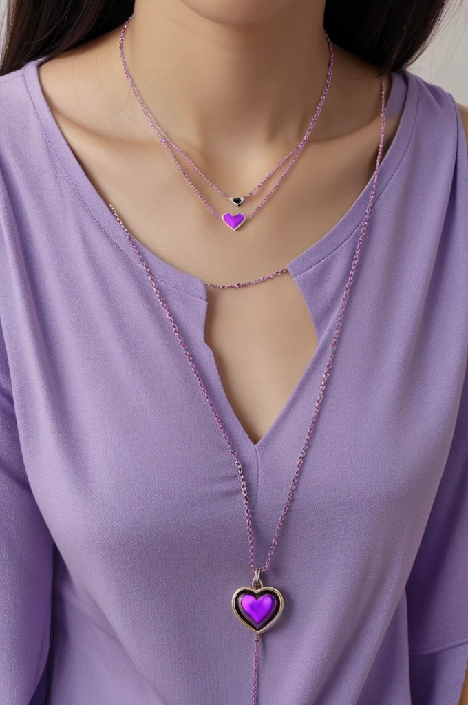 A necklace with 3 threads in front, each row with a color of the bisexual flag and the row closest to the chest with a heart-shaped pendant