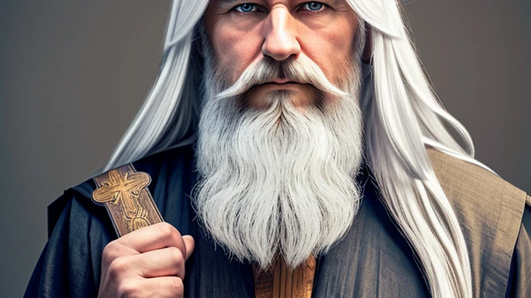 Wizard long white hair and long white beard. Dressed in a vimho tunic. serious face. With a cross in his hand.
