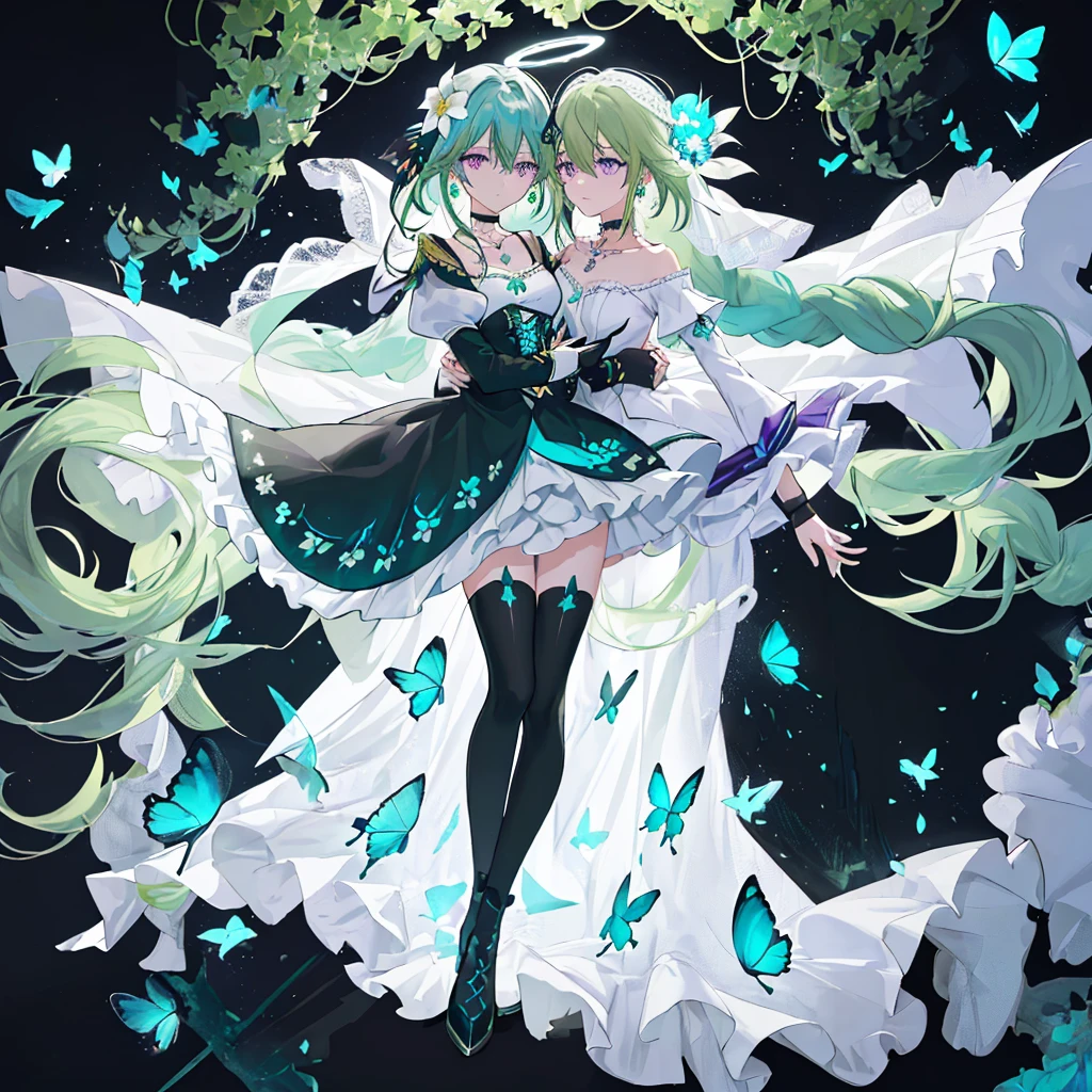 (Masterpiece, Best Quality: 1.4), white Background, Long Hair, Jewelry, Earrings, Necklace, Bride, ((green Hair)), Halo, (Overlook), Dynamic Angle, Ultra Detailed, Illustration, Close Up, Direct Look, 1girl, (Fantasy: 1.4), (Purple Eyes: 1.233), Her Eyes Shine Like Dreamy Stars, (Glow Eyes: 1.233), (Beautiful and Delicate Eyes: 1.1), (green Hair: 1.4), (Messy Hair, Very Long Hair, French braids, hair between the eyes, side hair), (+(white hair flower: 1.14)), (chiffon dress, uniform white flower pattern)/= (military uniform: 1.24), (fingerless gloves), choker, (black thighhighs), high heeled boots, (expressionless, shut up), (standing), (white flowers, blooming),(Ruins),(Night:1.2),dreamy,Soul,(fluorescent),(Flying Translucent Blue Butterfly:1.15),[Delicate Fingers and Hands:0.55]::0.85], (Finger Detail), (Yubao:0.5),((black background)),((full body)),((turquoise hair)),green hair,((green hair)),night,