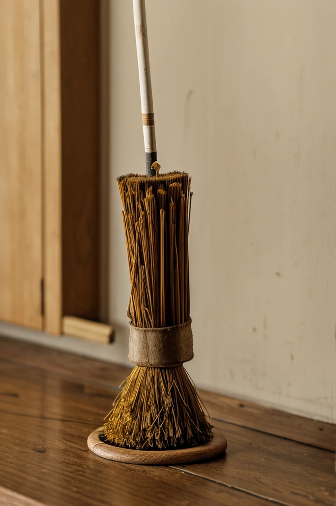 An old broom with a cigarette on the stem