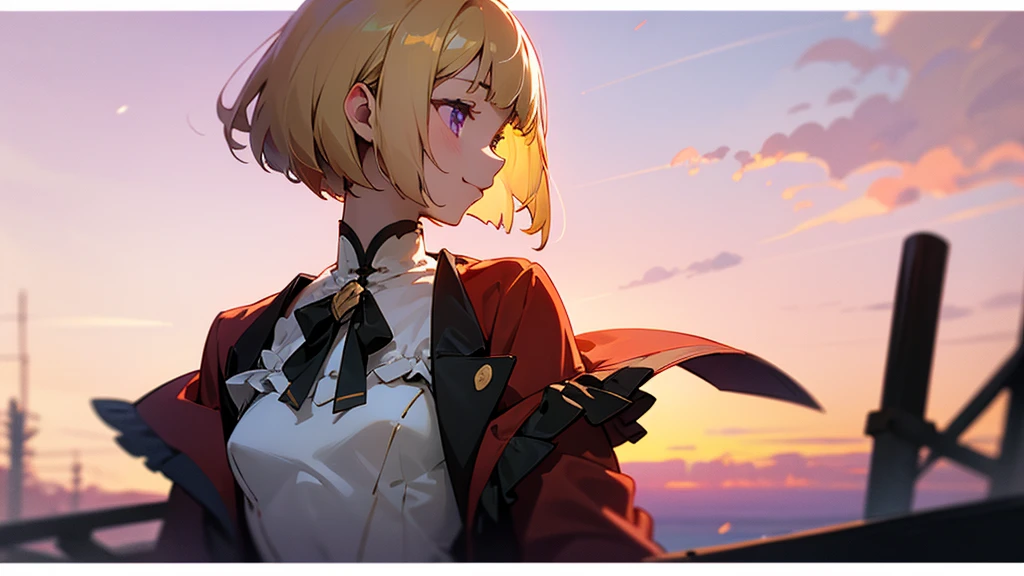 1 Girl、anime painting、Upper body close-up、profile、Rule of Thirds、thin、Small breasts、smile、White skin、(blonde)、Bobcut、Beautiful purple eyes、Red jacket、(Long sleeve blouse)、Frilled blouse、Golden Hour Sky、Background blur、Written boundary depth