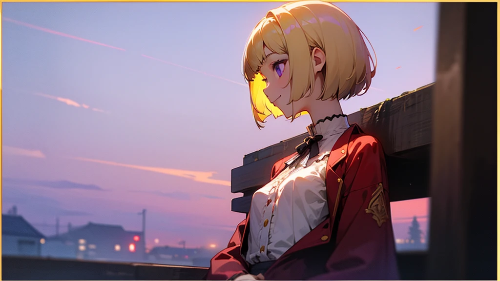 1 Girl、anime painting、Upper body close-up、profile、Rule of Thirds、thin、Small breasts、smile、White skin、(blonde)、Bobcut、Beautiful purple eyes、Red jacket、(Long sleeve blouse)、Frilled blouse、Golden Hour Sky、Background blur、Written boundary depth