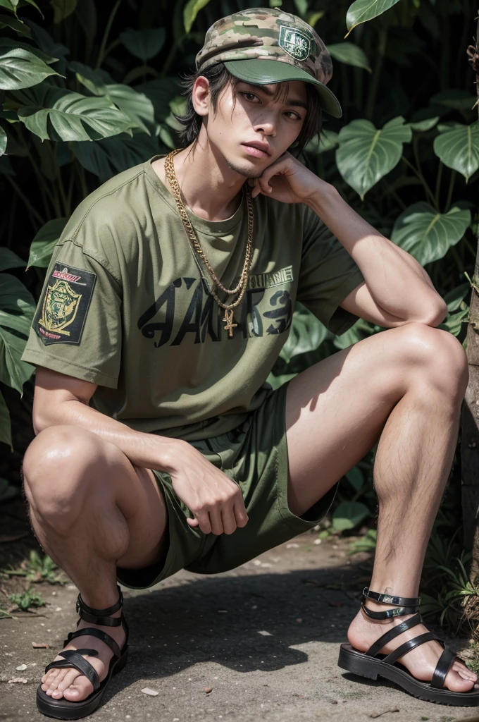 outfits: jungle green camouflage shorts, shirt and gold chain.
shoes: Kenner jungle green camouflage sandals.
Accessories: camouflage jungle army tactical hat Physical appearance: V haircuts, tattoos on both of our arms, ALL Black tattoo on entire left leg, cut both eyebrows.
canons: ak from flamengo and m4 from flamengo Everything personalized.
General theme: inspiration from favelas in RJ.