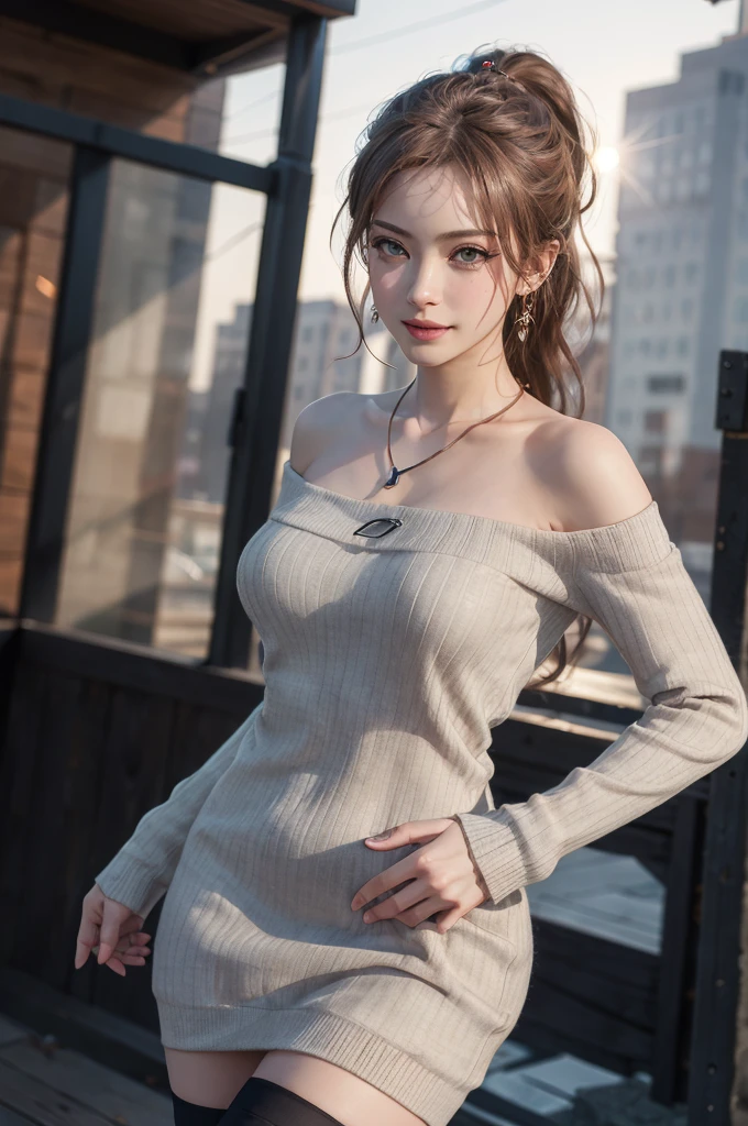 (masterpiece:1.2), (photorealistic:1.2), (best quality),((realistic:1.3)), (detailed skin:1.3), (intricate details), dramatic, ray tracing,finely detailed, quality,realistic lighting,large breasts,1girl,aalisa, long hair, ponytail, grey eyes, earrings, necklace, collarbone, off shoulder, sweater dress, long sleeves, black thighhighs,cowboy shot,smile,looking at viewer,(outdoors,dynamic pose) 