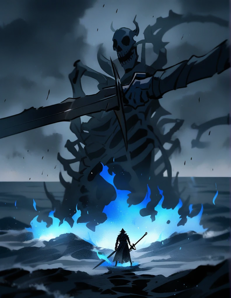 skeletons armed with swords, coming out of the blue fire ground, on a stormy gray night, with the sea in the background