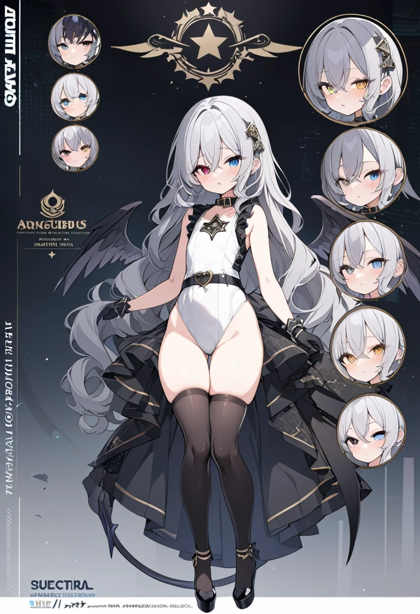 1 girl, long gray hair, slim build, knee length wavy hair, small face, sectoral heterochromia, crescent-shaped barrette on the right side of the hair, He has short bangs between his eyes. , extremely detailed face, Beautiful detailed eyes, beautiful detailed lips. short height 165cm, adorable, extremely detailed legs, (Best Quality, 4k, 8k, high resolution, Masterpiece: 1.2), ultra detailed, Exquisite and epic character art., Amazing modern character trending theme., character design (Character Reference Sheet: 1.10, lateral angles, Full body front and rear angle), Black high stockings with gold star print., Black platform heels, One-piece dress with low waist and ruffles, black 2-finger gloves up to the forearm, dark gray hip-length belt, black collar on the neck. Short dark blue and black angel wings., Succubus tail that ends in a heart shape at the tip. Wide hips.