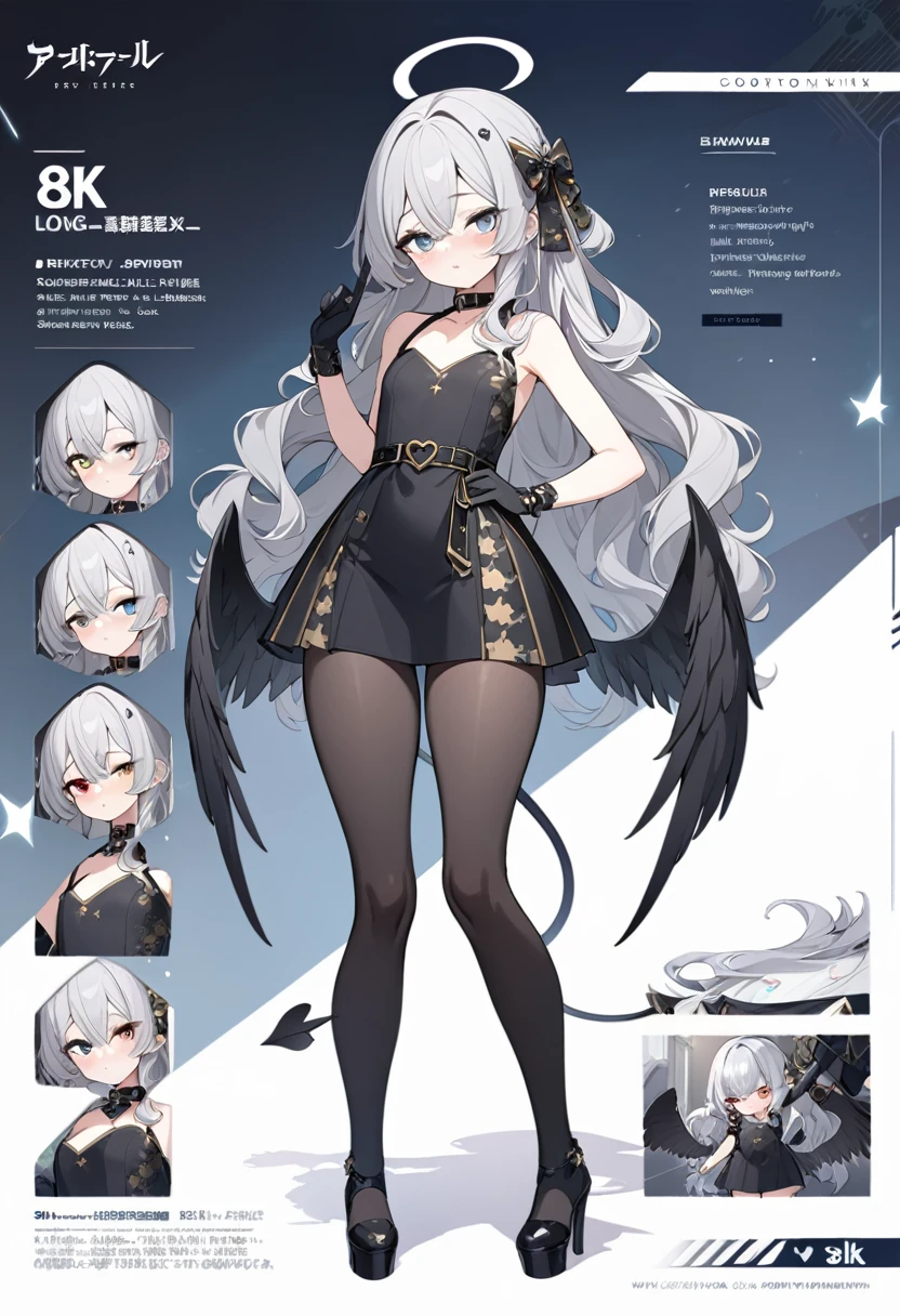1 girl, long gray hair, slim build, knee length wavy hair, small face, sectoral heterochromia, crescent-shaped barrette on the right side of the hair, He has short bangs between his eyes. , extremely detailed face, Beautiful detailed eyes, beautiful detailed lips. short height 165cm, adorable, extremely detailed legs, (Best Quality, 4k, 8k, high resolution, Masterpiece: 1.2), ultra detailed, Exquisite and epic character art., Amazing modern character trending theme., character design (Character Reference Sheet: 1.10, lateral angles, Full body front and rear angle), Black high stockings with gold star print., Black platform heels, One-piece dress with low waist and ruffles, black 2-finger gloves up to the forearm, dark gray hip-length belt, black collar on the neck. Short dark blue and black angel wings., Succubus tail that ends in a heart shape at the tip. Wide hips.