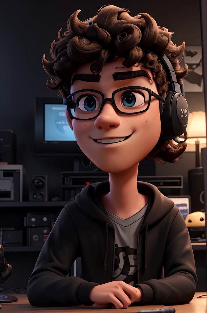 Creates an 18-year-old young man with gaming headphones in an all-black room with gaming LEDs and him playing on the PC recording a video on YouTube with a mask on his mouth and sunglasses curly hair with a mask on his mouth