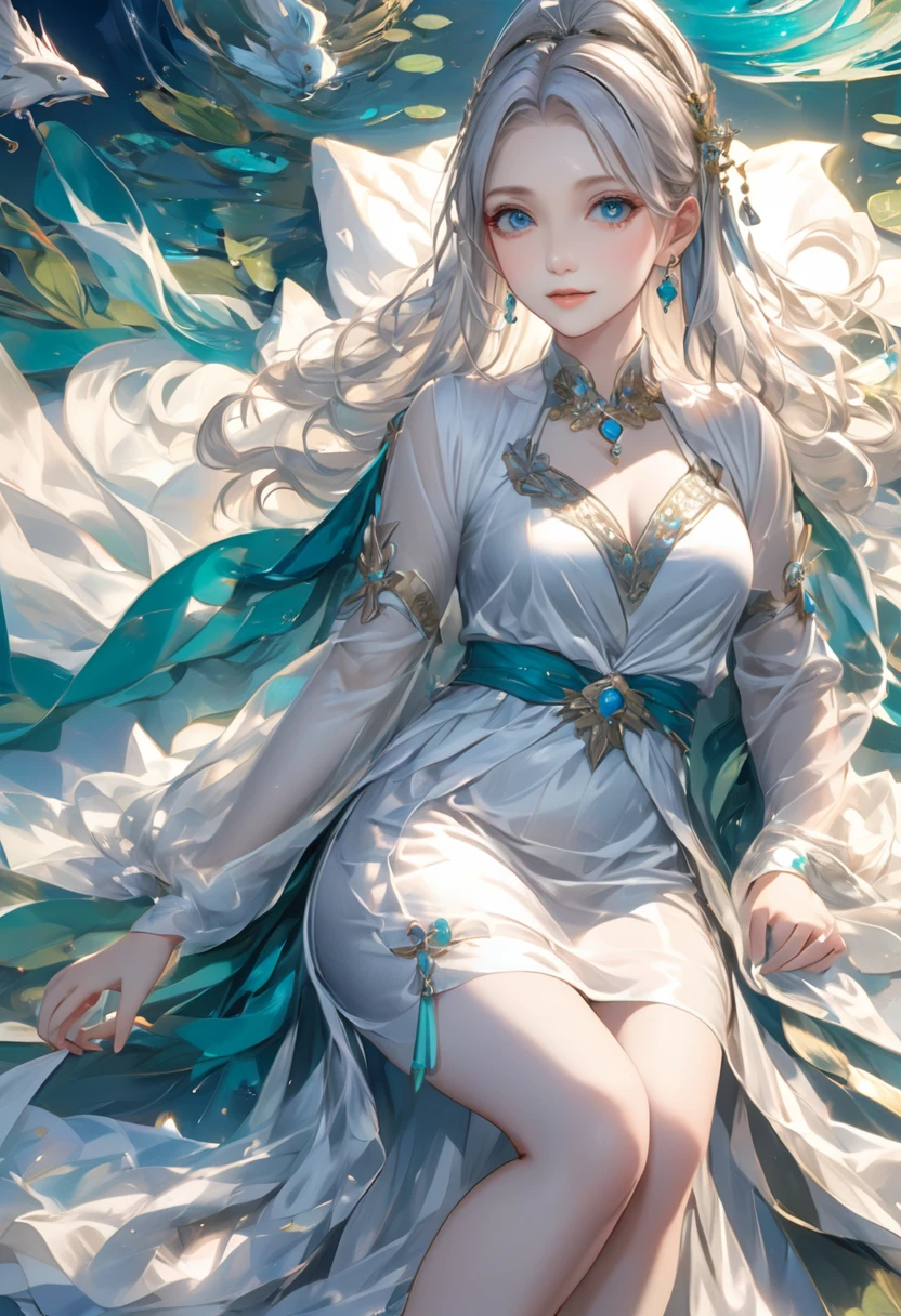 ((最high quality)), ((masterpiece)), (Detailed face and eyes:1.2), Perfect Face,anime character、masterpiece, Great painting, figure,8K, Super detailed, high quality, A woman with a goddess-like smile,euphilia, One Girl,長いブロンドの髪とDarkturquoise eyesをしたWhite Dressを着たアニメの女の子 ブルゴーニュ, Platinum Earrings, Platinum Necklace, White Dress, One girl, cute, (Dynamic Light: 1.2), Cinematic Light, Delicate facial features, Fine grain, Sharp pupils、On the bed、Lying down