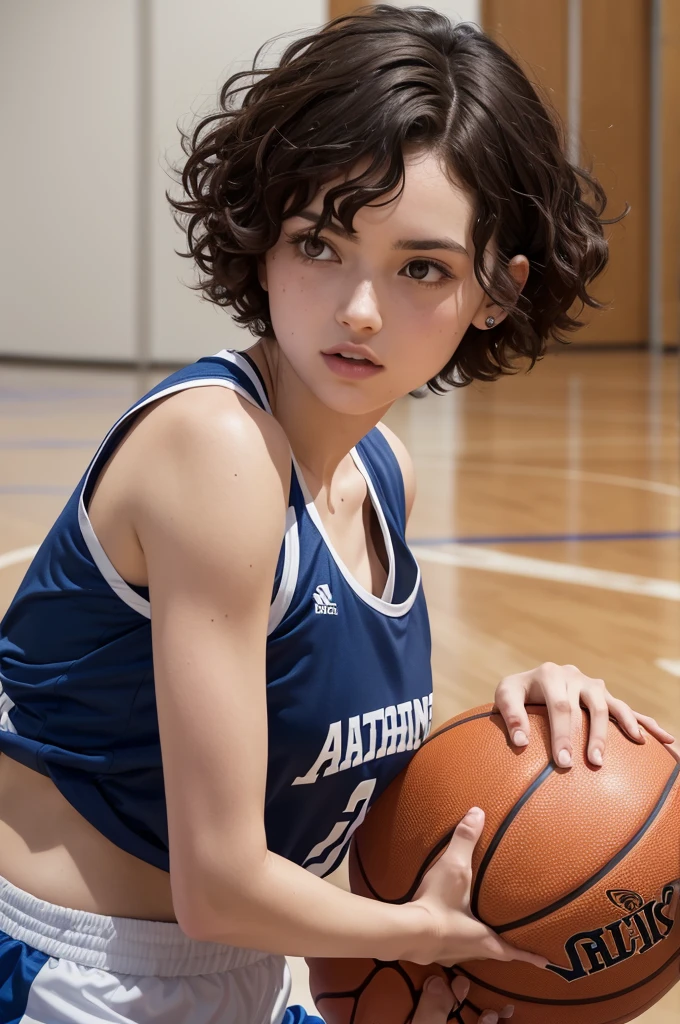 One of 1,60 m with very short curly hair brunette with a basketball shirt playing on a basketball court alone trying to hit the sixth with the ball in her hand but she is on her back