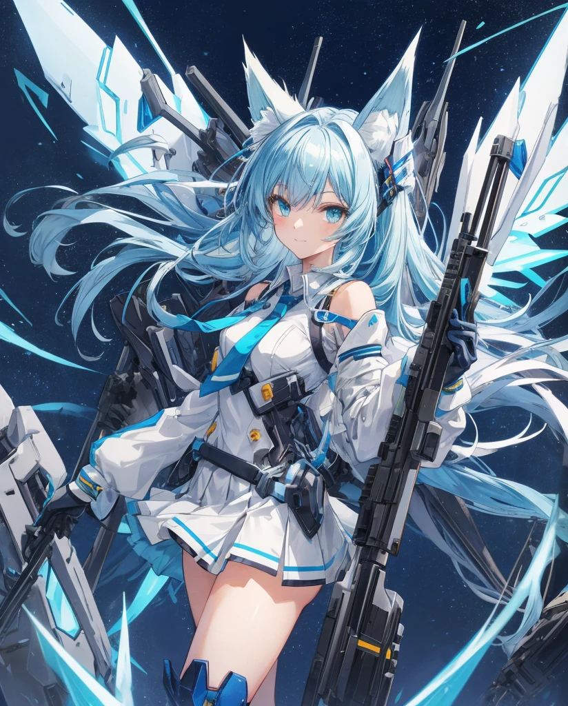 Masterpiece, sexy mecha-musume, light mecha top suit ((small neko ears)) and ((fox tail)), mechanical extensions, stokings, she is holding a giant Sniper Rifle Pointed to the ground,
Beautiful face with perfect sky-blue and green eyes, white long hair, damaged oversized shirt over the suit which shows shoulders and skin. Futuristic wings with neon and rifles
Cool dynamic pose, school skirt, loose necktie. High quality anime style.
The girl has just trasformed ,she is a school student that battle against angels.
The mecha suit is only an accessory, she is wearings a that has been damaged.
She has very big white and blue mechanical tech fluo wings,she is standing in front of her enemies with a brave smile