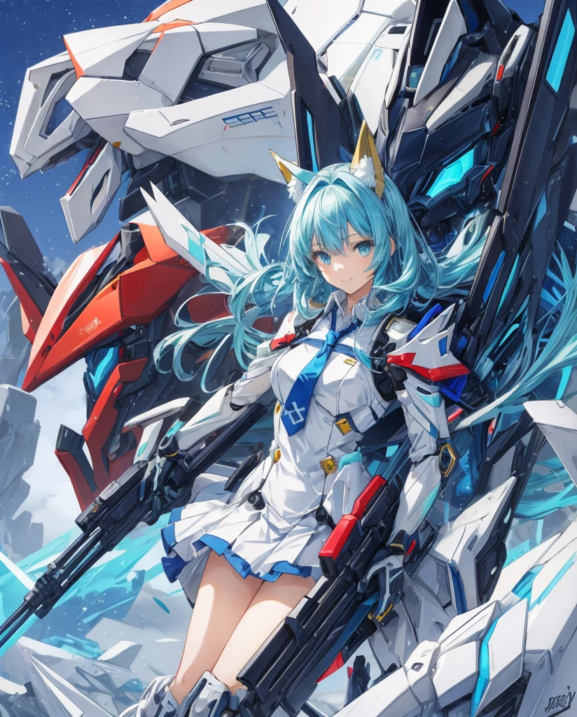 Masterpiece, sexy mecha-musume, light mecha top suit ((small neko ears)) and ((fox tail)), mechanical extensions, stokings, she is holding a giant Sniper Rifle Pointed to the ground,
Beautiful face with perfect sky-blue and green eyes, white long hair, damaged oversized shirt over the suit which shows shoulders and skin. Futuristic wings with neon and rifles
Cool dynamic pose, school skirt, loose necktie. High quality anime style.
The girl has just trasformed ,she is a school student that battle against angels.
The mecha suit is only an accessory, she is wearings a that has been damaged.
She has very big white and blue mechanical tech fluo wings,she is standing in front of her enemies with a brave smile