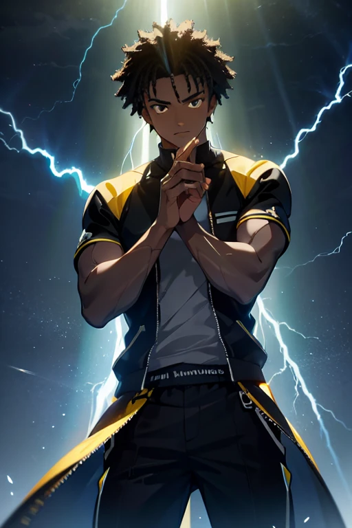 [work of art], [ultra detaild], [best qualityer], young man with dark skin strikes an imposing pose with powers of lightning and thunder that surround his body, short afro hair, serene gaze, 2000s modern casual clothing, (bright look), (rays volumetric yellow light), lightning and thunder with volumetric light, rays in hands, rays on fingers, rays on the body, rays in the eyes, rays in hair, black and yellow clothes, [spokes in front], bright illuminated look, fun and calm personality.
