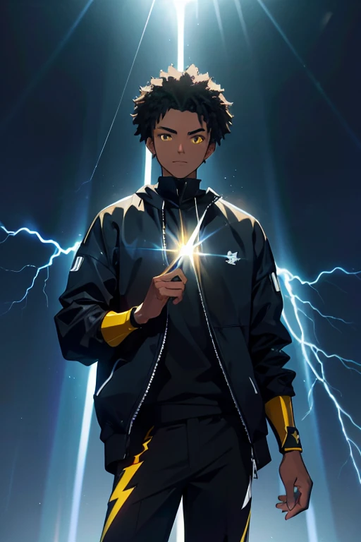 [work of art], [ultra detaild], [best qualityer], young man with dark skin strikes an imposing pose with powers of lightning and thunder that surround his body, short afro hair, serene gaze, 2000s modern casual clothing, (bright look), (rays volumetric yellow light), lightning and thunder with volumetric light, rays in hands, rays on fingers, rays on the body, rays in the eyes, rays in hair, black and yellow clothes, [spokes in front], bright illuminated look, fun and calm personality.
