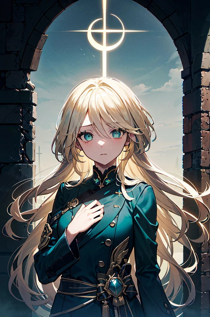 ((((Dramatic)))、(((grittiness)))、(((vehement))),Dressed in costume、He had a determined expression on his face.。Bright green eyes，Blonde hair,holy costume,((1 girl)),holy,