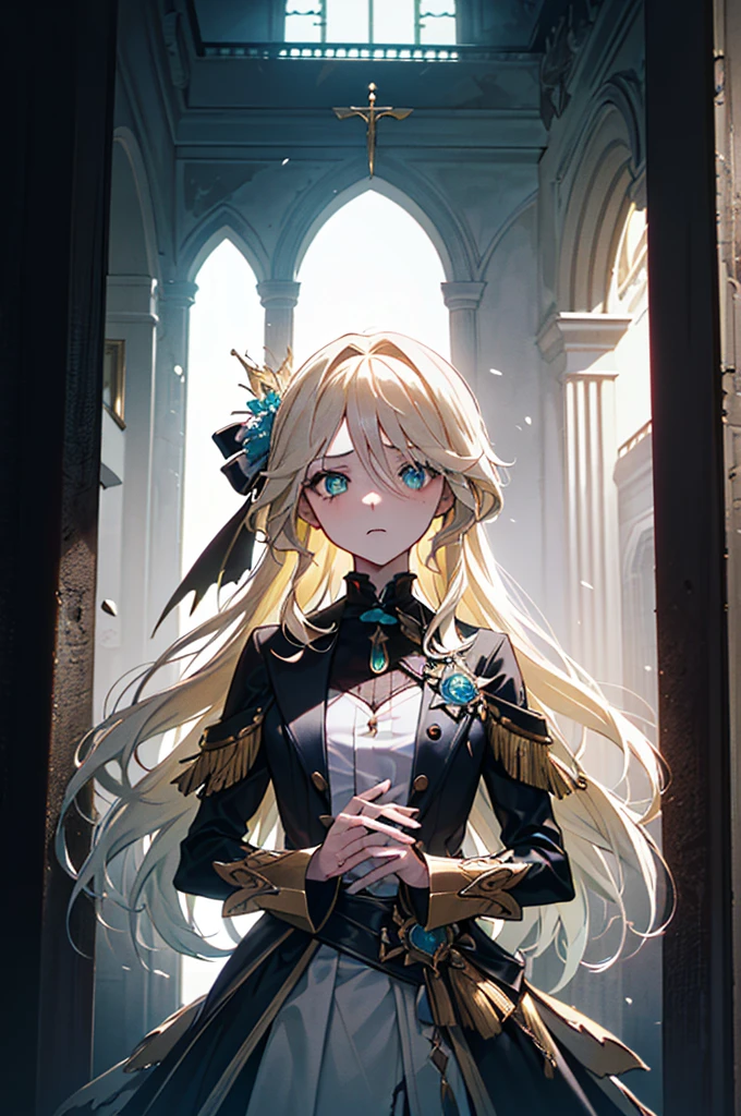 ((((Dramatic)))、(((grittiness)))、(((vehement))),Dressed in costume、He had a determined expression on his face.。Bright green eyes，Blonde hair,holy costume,((1 girl)),holy,
