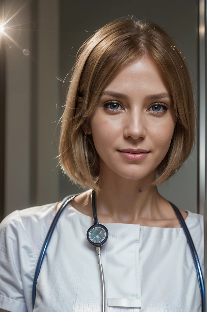 /Medical center, nurse, wearing white uniform, blonde hair, short bangs, light eyes, a woman, 40 years old, doctor, stethoscope on neck, Serious smile, 100 mm lens, (photorealistic), look at the viewer, as doctor , (Intricate details: 1.2), (Artwork, :1.3), (best quality: 1.4), (ultra high resolution: 1.2), ultra high resolution, (detailed eyes), (detailed facial features), hdr, Resolution 8k, (stethoscope), distant view, ground reflections, (lens flare:1.4)