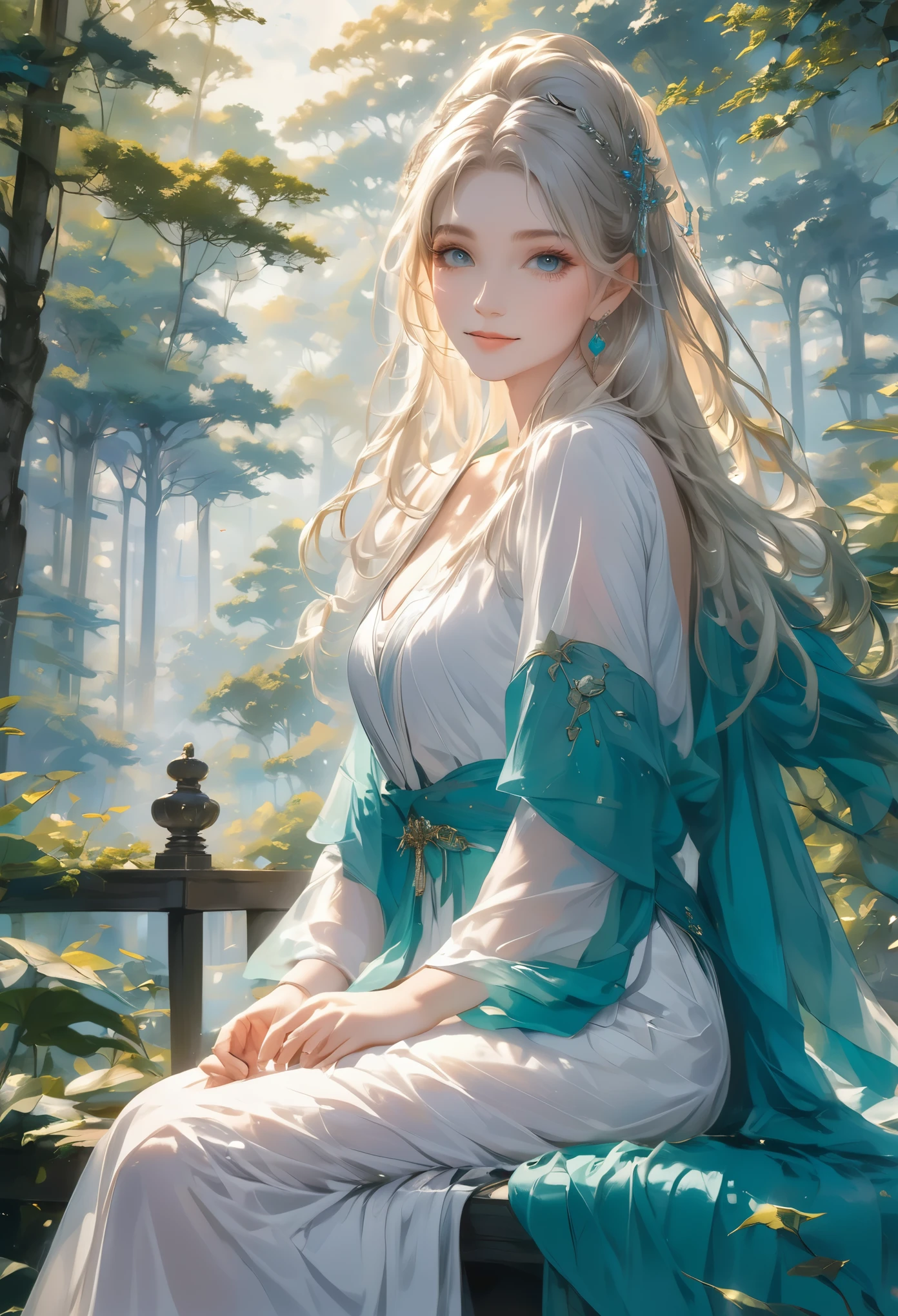 masterpiece, Great painting, figure,8K, Super detailed, high quality, A woman with a goddess-like smile,euphilia, One Girl,長いブロンドの髪とDarkturquoise eyesをしたWhite Dressを着たアニメの*** ブルゴーニュ, Platinum Earrings, Platinum Necklace, White Dress, One girl, cute, (Dynamic Light: 1.2), Cinematic Light, Delicate facial features, Fine grain, Sharp pupils、in the forest、temple、Sitting、Shyly