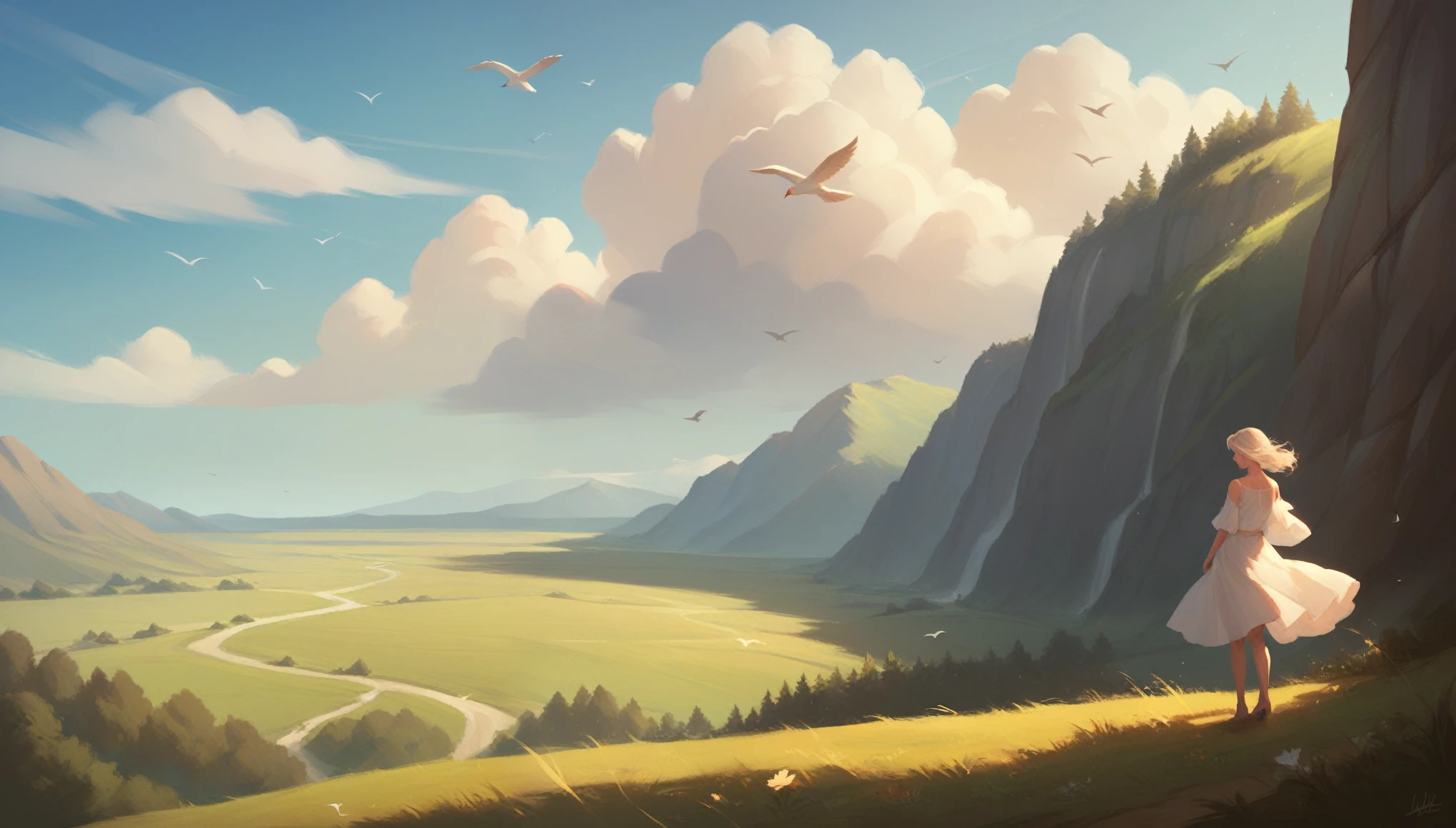 flat color, a girl, standing on the a hill, wind, day, amazing quality, very beautiful color, by iamuu, aesthetic, birds, beautiful scenery

