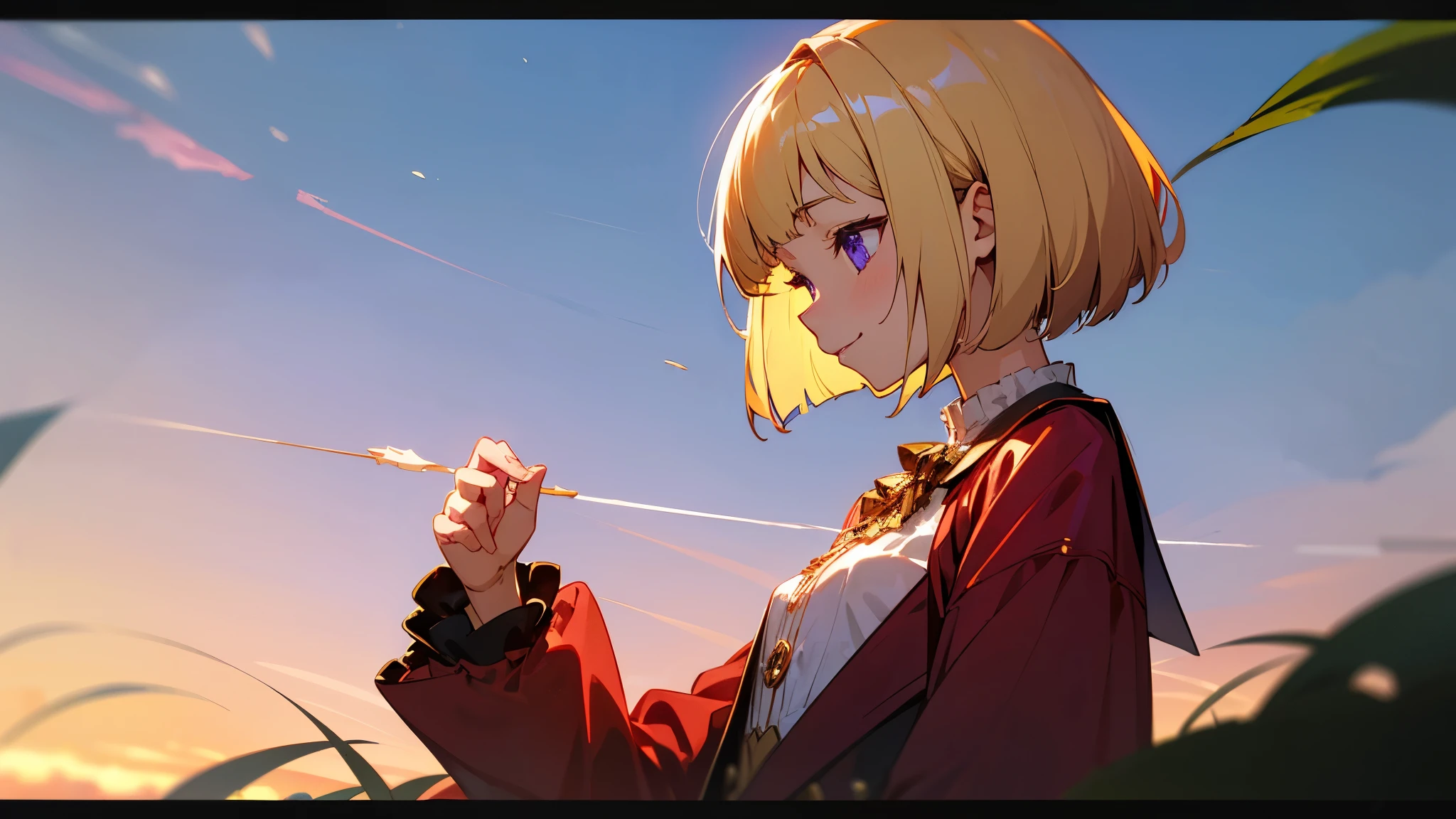 1 Girl、anime painting、Upper body close-up、profile、Rule of Thirds、thin、Small breasts、smile、White skin、(blonde)、Bobcut、Beautiful purple eyes、Red jacket、(Long sleeve blouse)、Frilled blouse、Golden Hour Sky、Background blur、Written boundary depth