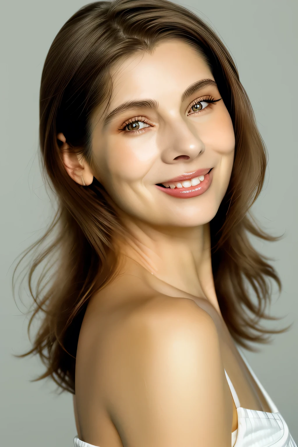 Create a detailed image of the face of an attractive woman around 45 years old. She has smooth skin, expressive eyes, and well-groomed hair. Let her have a charming smile and sensual lips. Her look is full of confidence and charm. Pay special attention to details, so that all facial features look realistic and attractive