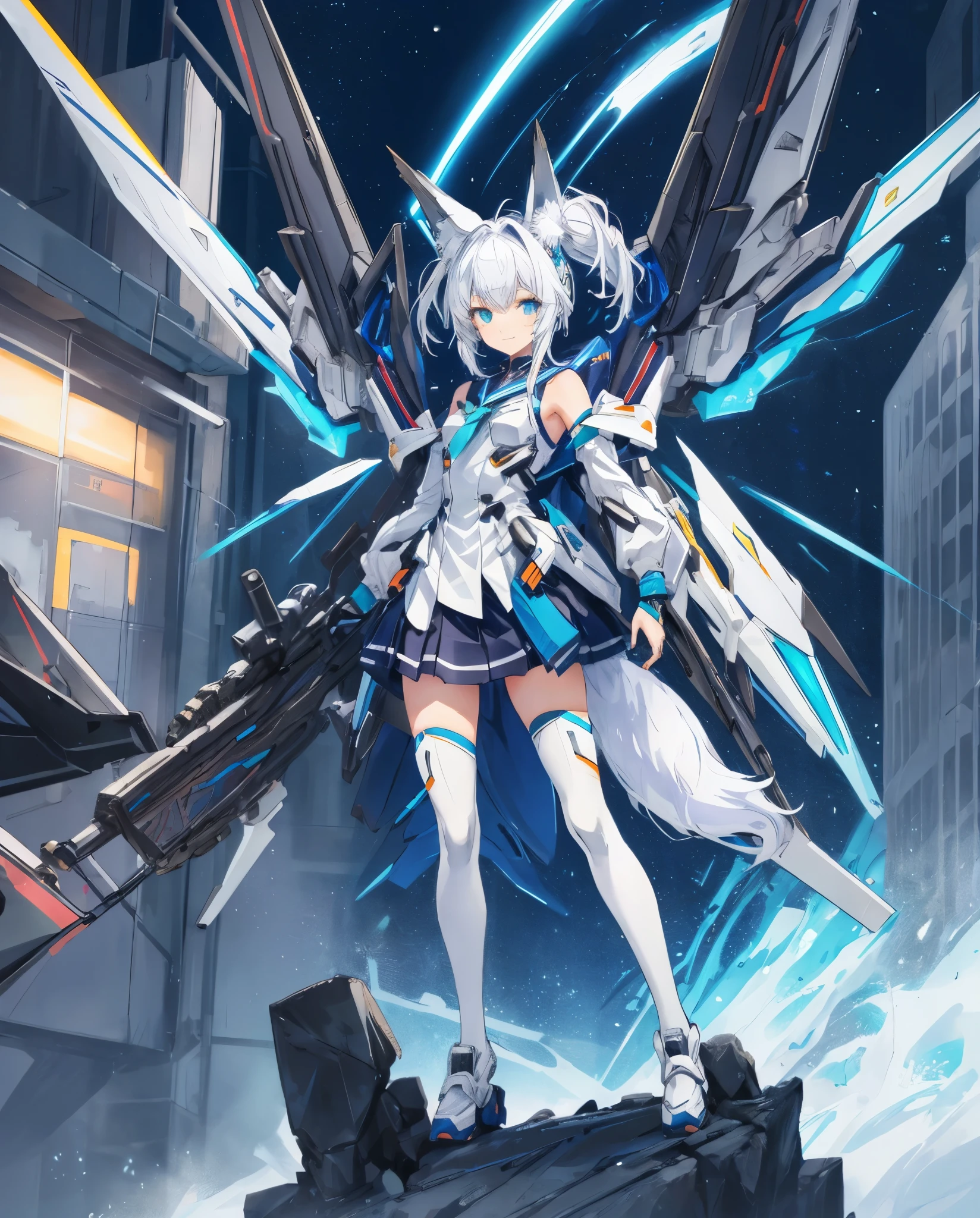 Masterpiece, mecha-musume, light mecha top suit ((small neko ears)) and ((fox tail)), mechanical extensions, stokings, ((one leg has a_ black stocking)), ((the other leg has a white stoking)) , she is holding a giant Sniper Rifle Pointed to the ground, 
Beautiful face with perfect sky-blue and green eyes, white hair, damaged oversized shirt over the suit which shows shoulders and skin. Futuristic wings with neon and rifles Cool dynamic pose, school skirt. High quality anime style.

The girl has just trasformed ,she is a school student that battle against angels.
The mecha suit is only an accessory, she is wearings a  that has been damaged. 

She has very big white and blue mechanical tech fluo wings,she is standing in front of her enemies with a brave smile