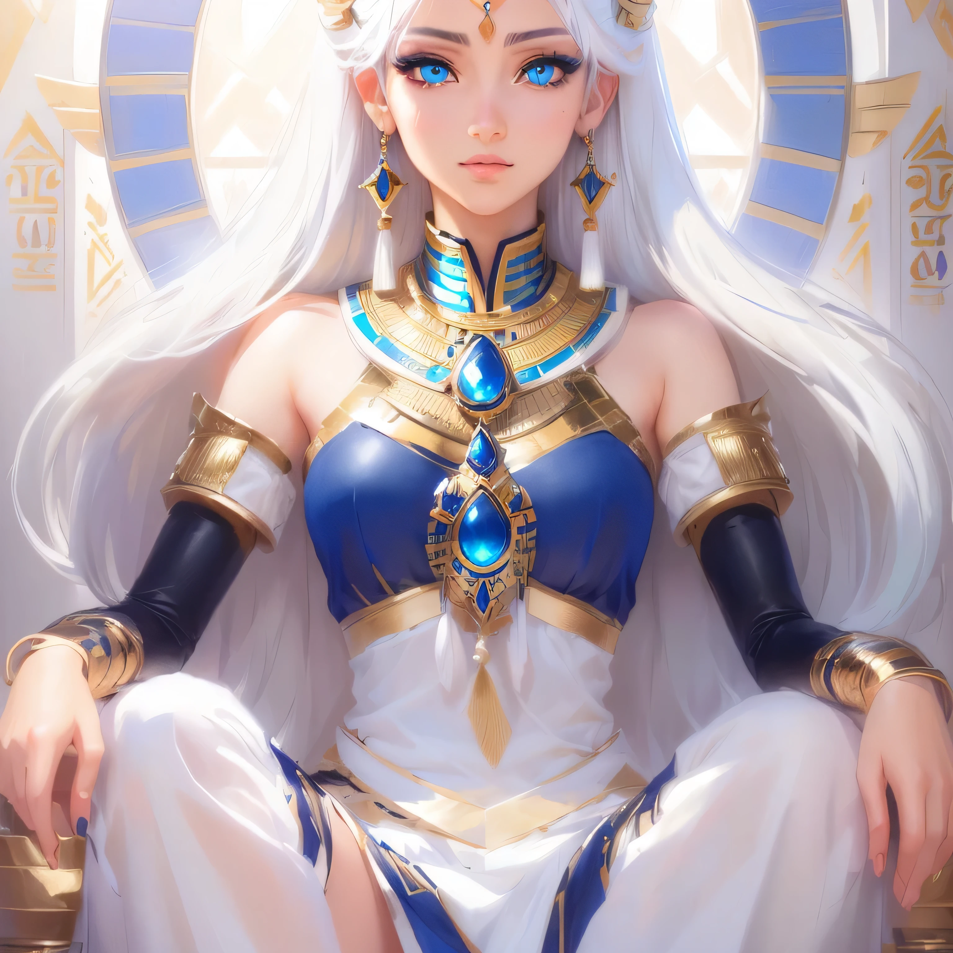 a realistic anime style Egyptian girl, beautiful blue eyes and white hair, highly detailed intricate details best quality