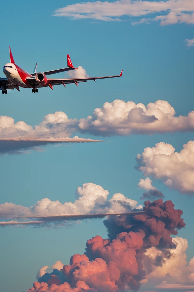 ((best quality)), Several airplanes shooting wine red, white and light blue during the day