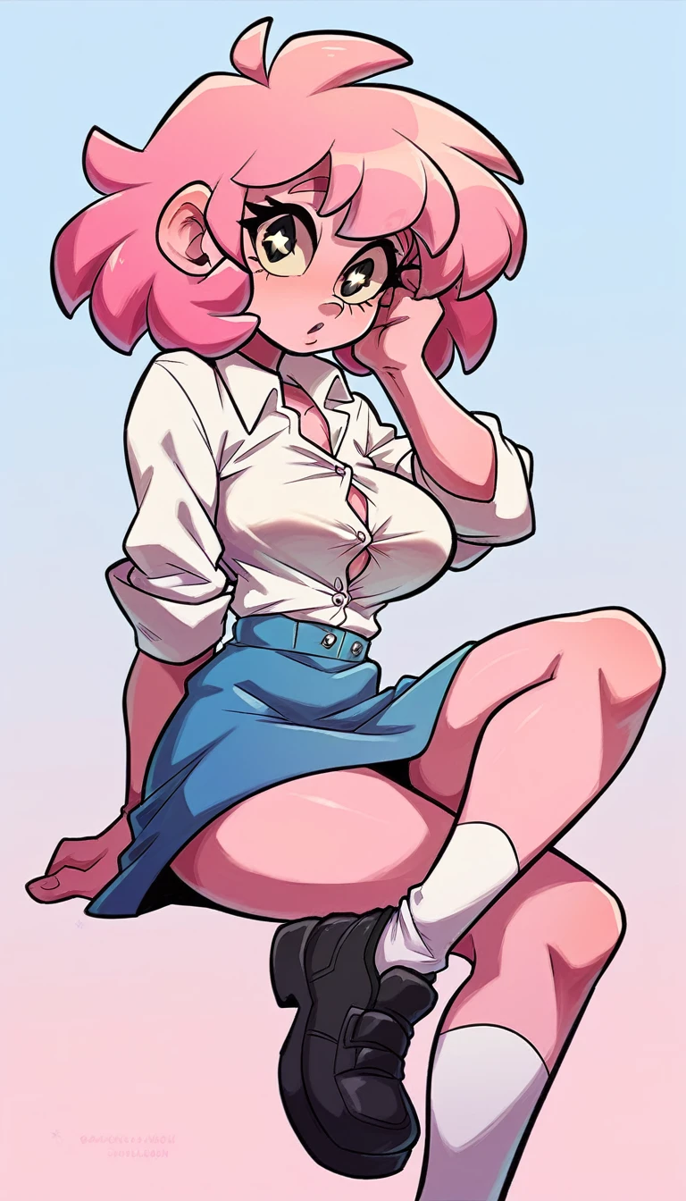 a beautiful sexy girl big breast beauty pink skin short pink hair disheveled her black eye yellow pupil she wears a white button-down shirt and a short dark blue skirt pair of white socks long black shoe