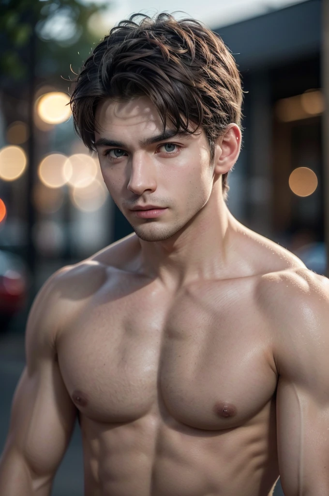 a handsome, muscular man between 20 and 30 years old, in street, cropped hairstyle, ash brown hair, arrogant smile, subtle stubble, beautiful natural lighting, (best qualityer,4K,8K, high resolution, , ultra detali, (realisitic, photorealisitic, photo-realisitic:1.37), hdr, ultra HD, studio lighting, sharp focus, extreme detailed description, professional photograpy, bright coloured, bokeh,