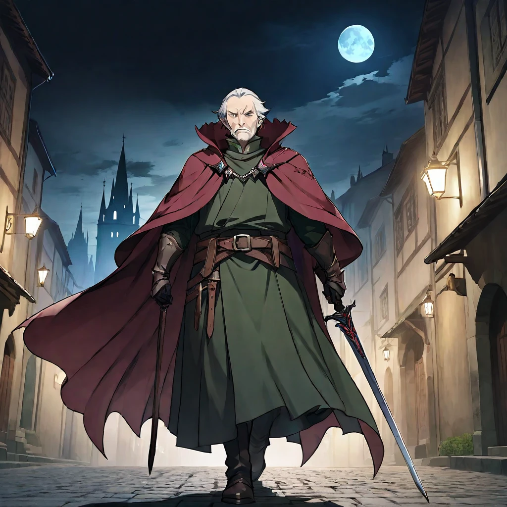 A mature and stable middle-aged man,His profession is a demon hunter.,Wearing a cape,Holding a sword,There are some scars on the face,Walking in the streets of medieval Europe,Night view。Mid-ground composition,Full body pictures,Colored screen,Anime illustration style,HD,4K。