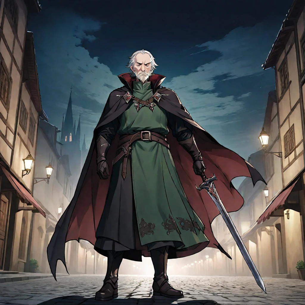 A mature and stable middle-aged man,His profession is a demon hunter.,Wearing a cape,Holding a sword,There are some scars on the face,Walking in the streets of medieval Europe,Night view。Mid-ground composition,Full body pictures,Colored screen,Anime illustration style,HD,4K。