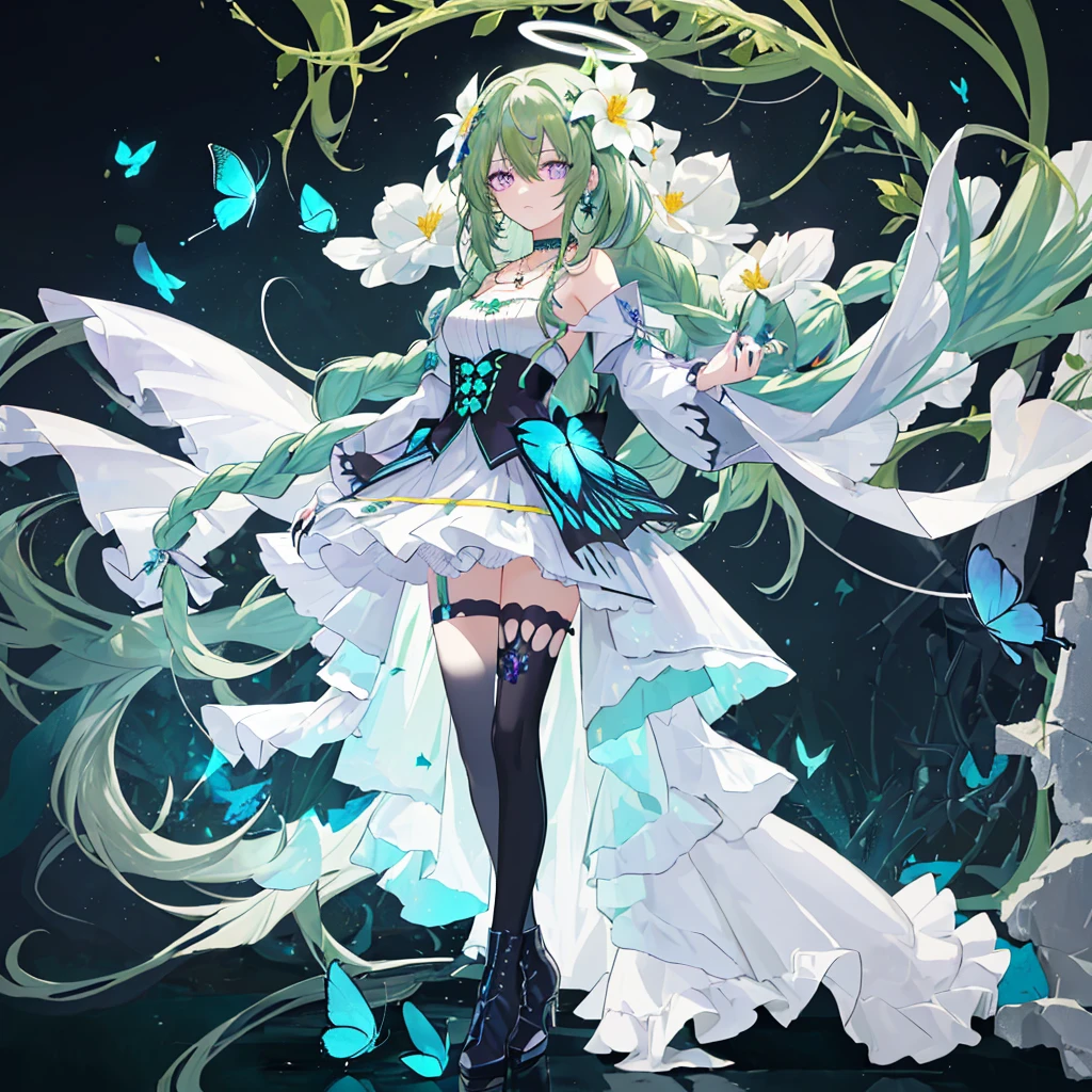 (Masterpiece, Best Quality: 1.4), white Background, Long Hair, Jewelry, Earrings, Necklace, Bride, ((green Hair)), Halo, (Overlook), Dynamic Angle, Ultra Detailed, Illustration, Close Up, Direct Look, 1girl, (Fantasy: 1.4), (Purple Eyes: 1.233), Her Eyes Shine Like Dreamy Stars, (Glow Eyes: 1.233), (Beautiful and Delicate Eyes: 1.1), (green Hair: 1.4), (Messy Hair, Very Long Hair, French braids, hair between the eyes, side hair), (+(white hair flower: 1.14)), (chiffon dress, uniform white flower pattern)/= (military uniform: 1.24), (fingerless gloves), choker, (black thighhighs), high heeled boots, (expressionless, shut up), (standing), (white flowers, blooming),(Ruins),(Night:1.2),dreamy,Soul,(fluorescent),(Flying Translucent Blue Butterfly:1.15),[Delicate Fingers and Hands:0.55]::0.85], (Finger Detail), (Yubao:0.5),((black background)),((full body)),((turquoise hair)),green hair,((green hair)),night,
