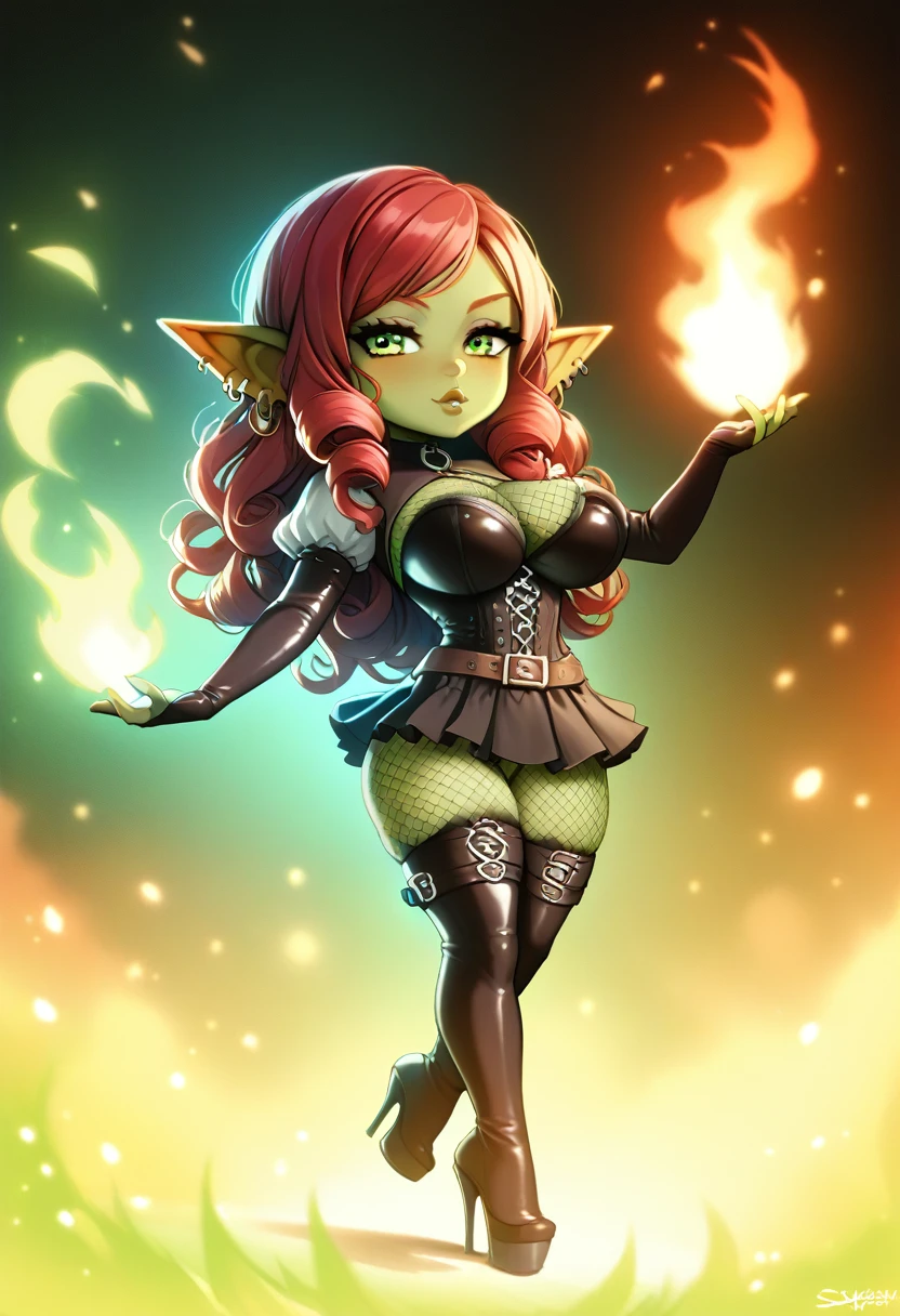 Girl, goblin girl, goblin, green skin, short, short stature,long hair, red hair, curly hair, large breasts, miniskirt, latex, long gloves, thigh boots, goth, pouty lips, masterpiece, best quality, sexy, dynamic pose, 8k, shortstack, sfw, shiny, fantasy, dungeons and dragons, high heels,  fishnets, holding, dark green skin, adventurer, barbarian, armor, sexy armor, skintight armor, dark colors, latex miniskirt, sexy pose, skirt, sorcerer, sorceress, pyromancer, fire, magic