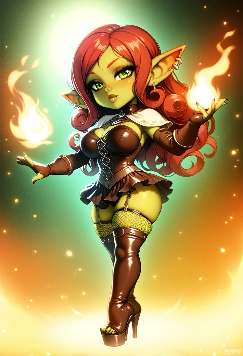 Girl, goblin girl, goblin, green skin, short, short stature,long hair, red hair, curly hair, large breasts, miniskirt, latex, long gloves, thigh boots, goth, pouty lips, masterpiece, best quality, sexy, dynamic pose, 8k, shortstack, sfw, shiny, fantasy, dungeons and dragons, high heels, fishnets, holding, dark green skin, adventurer, barbarian, armor, sexy armor, skintight armor, dark colors, latex miniskirt, sexy pose, skirt, sorcerer, sorceress, pyromancer, fire, magic