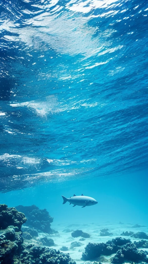 deep water, sparse underwater ocean scene, just underwater blue with light ryas only