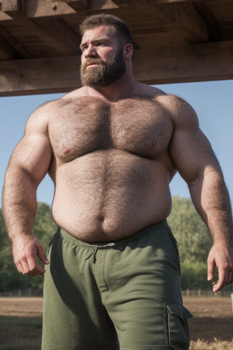 8K HIGH RESOLUTION HDR Very Extremely Realistic Very Detailed High Quality Create a professional studio-style 8K HDR Very Real photograph featuring a middle-aged daddy rugged bodybuilder muscle bears man , burly, very realy detailed hairy, 8K very realistic beared big daddy muscle bear,  and 8K very realistic detailed rugged burly man in shorts. Very Realistic detailed shorts, very realistic hair, very realistic beards, very realistic thick neck, very realistic neck lines, very realistic detailed neck, very realistic belly, very realistic burly chest, very realistic detailed hairy burly strong chest and arms, very realistic detailed hairy burly strong chest and arms, very realistic pecs, very realistic burly muscle bear body, very realistic nipples, very realistic burly muscle bear body, very realistic face, very realistic detailed face, very realistic eyes, very realistic detailed eyes, very realistic pupils, very realistic detailed pupils, very realistic nose, very realistic ears, very realistic facial features, very realistic burly arms, very realistic elbows, very realistic hands, very realistic pecs, very realistic belly, very realistic human man body, very realistic bellybutton, very realistic wrists, very realistic fingers, very realistic fingernails, very realistic shoulders, very realistic mouth, very realistic lips, very realistic detailed skin, very realistic skin, very realistic mens clothing, very realistic detailed mens clothing. 8K HDR Very Realistic Hairy Bearded Burly Muscle bear Photoshoot, A very realistic burly muscle bear man in a Farm,  8K HDR Very Realistic Intricately Detailed, 8K HDR very realistic detailed Farm surroundings, 8K HDR very realistic surroundings lighting, No Deformities, captured with a 85mm lens by a world famous photographer, 8K HDR Very Ultra Realistic and 8K HDR Very Realistic Photograph, 8K HDR Clear HDR Quality full with very realistic real details 